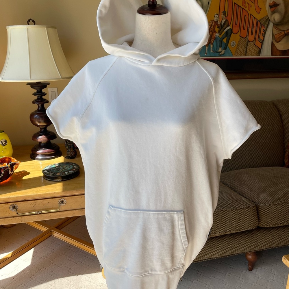 Fear of God FOG medium white short sleeve hoodie. Front pocket, side zippers.